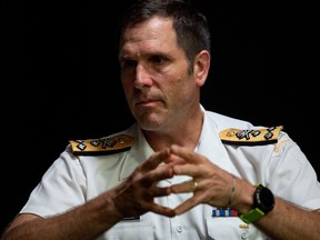Vice-Admiral Angus Topshee speaks with a reporter during an interview at the National Defence Headquarters in Ottawa, Ont., on Wednesday, Sept. 21, 2022.