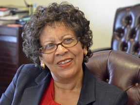 FILE - Cynthia Warrick, then-interim president of South Carolina State University, smiles in her office in Orangeburg, S.C., May 8, 2013. Warrick, Stillman College's first female president, has announced plans to retire after leading the Tuscaloosa, Ala.-based historically Black college for five years. The college plans to find her successor by the June 30, 2023, end of Warrick's contract.