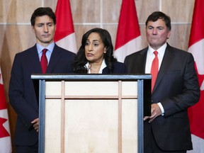 Minister of National Defence Anita Anand speaks at a press conference with Prime Minister Justin Trudeau and Minister of Intergovernmental Affairs, Infrastructure and Communities Dominic LeBlanc in Ottawa on Monday, Sept. 26, 2022. The Canadian military is spearheading federal efforts to support post-Fiona recovery efforts across Atlantic Canada.