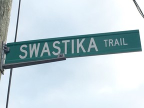 A sign for Swastika Trail in Puslinch Township, Ontario. The street will now be known as Holly Trail.