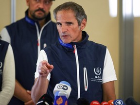 International Atomic Energy Agency (IAEA) Director General Rafael Mariano Grossi addresses the media during a press conference at Vienna Airport after his return from his mission at the nuclear power plant of Zaporizhzhya in Ukraine; in Vienna, Austria, Friday, Sept. 2, 2022.