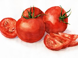 Watercolor painting, still life, tomatoes on a light background.