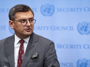 Ukraine Foreign Minister Dmytro Kuleba address journalists during a level Security Council meeting on the situation in Ukraine, Thursday, Sept. 22, 2022 at United Nations headquarters.