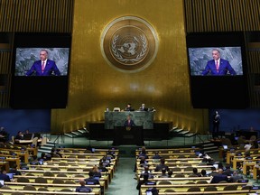 Prime Minister of Iraq Mustafa Al-Kadhimi addresses the 77th session of the United Nations General Assembly at U.N. headquarters, Friday, Sept. 23, 2022.