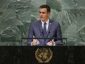 President of Spain Pedro Sanchez addresses the 77th session of the United Nations General Assembly, at U.N. headquarters, Thursday, Sept. 22, 2022.