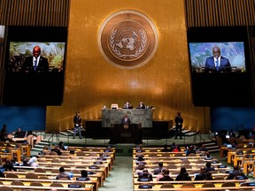 Mokgweetsi Masisi, President of Botswana, addresses the 77th session of the United Nations General Assembly, Thursday, Sept. 22, 2022 at U.N. headquarters.