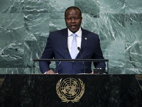 President of Burkina Faso Paul Henri Sandaogo Damiba addresses the 77th session of the United Nations General Assembly, Friday, Sept. 23, 2022, at the U.N. headquarters.