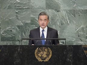 Foreign Minister of China Wang Yi addresses the 77th session of the United Nations General Assembly, Saturday, Sept. 24, 2022 at U.N. headquarters.