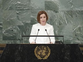 President of Moldova Maia Sandu addresses the 77th session of the United Nations General Assembly, Wednesday, Sept. 21, 2022, at U.N. headquarters.