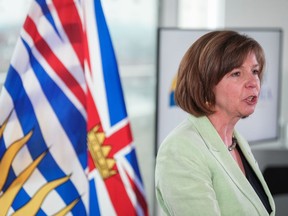 B.C. Minister of Mental Health and Addictions Sheila Malcolmson speaks during a news conference, in Vancouver, on Tuesday, May 31, 2022. More grim statistics from the BC Coroners Service show the rate of toxic drug deaths has doubled since the province declared a public health emergency in 2016.