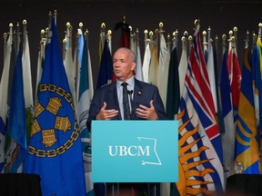 B.C. Premier John Horgan addresses the Union of B.C. Municipalities Convention, in Whistler, B.C., on Friday, Sept. 16, 2022.