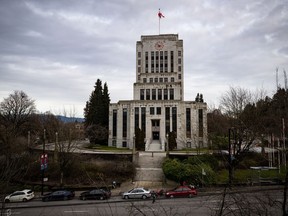 Vancouver City Hall is seen in Vancouver, on Saturday, January 9, 2021. Vancouver voters heading to polls on Oct. 15 will find 15 candidates' names on the ballots represented in non-Latin characters, such as Chinese, Persian and Farsi.