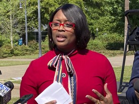 FILE - South Carolina Rep. Krystle Matthews, D-Ladson, announces she will run for U.S. Senate in 2022 against Sen. Tim Scott, R-S.C., during a news conference on April 13, 2021, in Columbia, S.C. Matthews is facing calls from within her own party to fold her campaign, following the publication of additional leaked audio in which she appears to make disparaging remarks about her constituents.