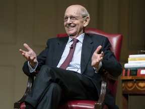 FILE - Then-Supreme Court Justice Stephen Breyer speaks during an event at the Library of Congress for the 2022 Supreme Court Fellows Program hosted by the Law Library of Congress, Feb. 17, 2022, in Washington. The Supreme Court doesn't appear to have found the person who leaked a draft of the court's major abortion decision earlier this year. In a television interview set to air on Sept. 25, 2022, Breyer says that to his knowledge the person's identity has not been determined. Breyer was speaking in an interview with CNN anchor Chris Wallace.