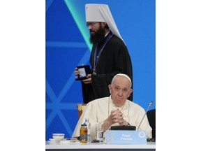 Pope Francis and Metropolitan Anthony, in charge of foreign relations for the Russian Orthodox Church, attend the '7th Congress of Leaders of World and Traditional Religions, in Nur-Sultan, Kazakhstan, Wednesday, Sep. 14, 2022. Against the backdrop of Russia's invasion of Ukraine, Francis opened an interfaith conference in the former Soviet republic of Kazakhstan by challenging delegations to unite in condemning war.