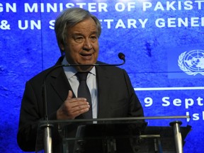 U.N. Secretary-General Antonio Guterres, speaks during a joint press conference with Pakistani Foreign Minister Bilawal Bhutto Zardari at the Foreign Ministry in Islamabad, Pakistan, Friday, Sept. 9, 2022. Guterres appealed to the world for help for cash-strapped Pakistan after arriving in the country Friday to see the climate-induced devastation from months of deadly record floods.