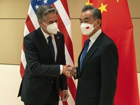 U.S. Secretary of State Antony Blinken meets with China's Foreign Minister Wang Yi during the 77th United Nations General Assembly on Friday, Sept. 23, 2022.