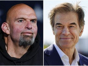 This combination of photos shows Pennsylvania Lt. Gov. John Fetterman, a Democratic candidate for U.S. Senate, Oct. 8, 2022, in York, Pa., left, and Mehmet Oz, a Republican candidate for U.S. Senate, Sept. 23, 2022, in Allentown, Pa.