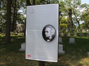 A historical plaque marks the gravesite of Alexander Mackenzie, Canada's second prime minister, in Lakeview Cemetery in Sarnia, Ont.