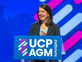 Danielle Smith speaks at UCP annual general meeting at the River Cree Resort and Casino in Edmonton, on Oct. 22.