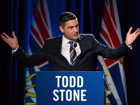 Todd Stone speaks during a BC Liberal Leadership debate in Vancouver, B.C., on Tuesday Jan. 23, 2018. The Opposition BC Liberals are calling for an all-party pay freeze as a show of solidarity with people struggling to make ends meet during inflationary times.THE CANADIAN PRESS/Ben Nelms