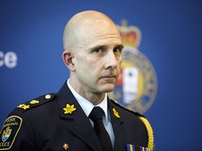 Incoming Ontario Provincial Police commissioner Thomas Carrique speaks to media during a press conference at the York Region Police Headquarters in Aurora, Ont., Monday, March 11, 2019. The commissioner of the Ontario Provincial Police is to testify today at the public inquiry into the Liberal government's decision to invoke the Emergencies Act to clear out "Freedom Convoy" protests in Ottawa.