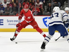 Detroit Red Wings' Elmer Soderblom (85) prepares to shoot and score a goal against the Toronto Maple Leafs during the second period of an NHL preseason hockey game, Friday, Oct. 7, 2022, in Detroit.