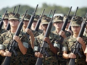 Female Marine Corps recruits practice drills at the United States Marine Corps recruit depot in Parris Island, S.C., in 2004.
