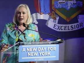 Sen. Kirsten Gillibrand speaks during the primary election night party for New York Gov. Kathy Hochul and Lt. Gov. Antonio Delgado, Tuesday, June 28, 2022, in New York. Gillibrand and Rep. Brian Higgins, Democrats both, have written to urge President Joe Biden to "reciprocate" Canada's new COVID-19 border policy.
