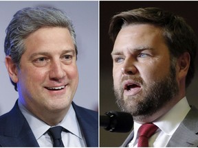 This combination of photos shows Ohio Democratic Senate candidate Rep. Tim Ryan, D-Ohio, on March 28, 2022, in Wilberforce, Ohio, left, and Republican candidate JD Vance on Sept. 17, 2022, in Youngstown, Ohio. (AP Photo/Paul Vernon, Tom E. Puskar)