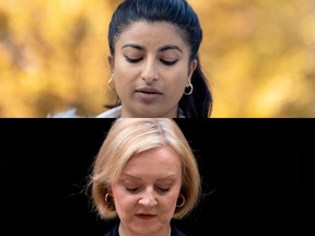Disqualified B.C. NDP leadership candidate Anjali Appadurai, top, and British Prime Minister Liz Truss, who announced her resignation on Thursday.