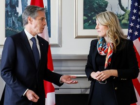 U.S. Secretary of State Antony Blinken and Canadian Foreign Minister Mélanie Joly speak at the Canadian Government Guest House ahead of a working lunch, in Ottawa, October 27, 2022.