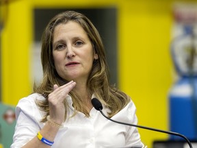 Deputy Prime Minister and Finance Minister Chrystia Freeland answers media questions to Edmonton, Oct. 20, 2022.