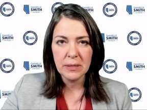 UCP leadership candidate Danielle Smith speaks to reporters via Zoom days before the party's leadership vote.
