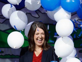 Danielle Smith celebrates after winning the leadership of the United Conservative Party, and thereby the Alberta premiership, on Oct. 6, 2022.