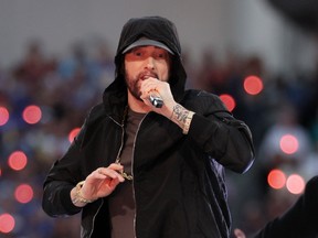 Eminem plays during the February 2022 Super Bowl half time. U.S. captives say Russians tortured them with Eminem and heavy metal on a continuous loop.