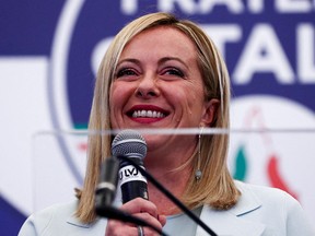 Incoming Italian prime minister Giorgia Meloni speaks at Brothers of Italy's election night headquarters in Rome on Sept. 26, 2022.