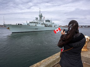 The HMCS Halifax departs Halifax in March 2022. Retired naval commander Robert Cyr writes that there are obvious alternatives at more reasonable cost to replace Canada's fleet of Halifax-class warships — ones that won't take 26 years to acquire.