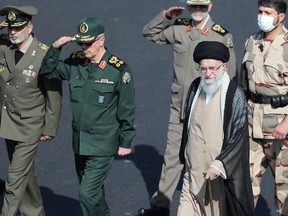 Iran's Supreme Leader Ayatollah Ali Khamenei reviews armed forces during a graduation ceremony for armed Forces Officers' Universities at the police academy in Tehran, Iran October 3, 2022.