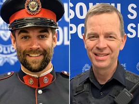 Die beiden Polizisten, die am 11. Oktober 2022 bei einer tödlichen Schießerei in Innisfil, Ontario, getötet wurden: Const.  Devon Northrup, 33, und Const.  Morgan Russel, 54.