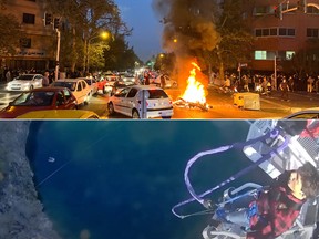 Top: A police motorcycle burns during a protest over the death of Mahsa Amini, in Tehran, on Sept. 19. Bottom: Prime Minister Justin Trudeau goes bungee jumping in Quebec.
