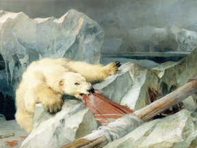 Detail from Man Proposes, God Disposes, an 1864 painting depicting the imagined fate of the Franklin Expedition, which was lost in what is now Arctic Canada. The painting, which now hangs at the University of London, is rumoured to be haunted and is thus covered up during student examinations.
