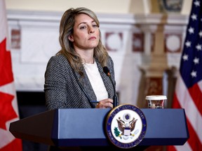 Foreign Minister Mélanie Joly attends a joint news conference with U.S. Secretary of State Antony Blinken, at the State Department in Washington, on September 30, 2022.