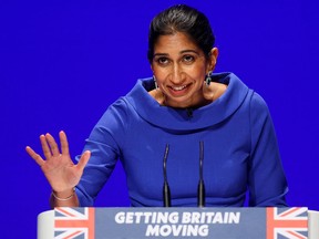 During a speech at the British Conservative Party's annual conference on Oct. 4, 2022, Home Secretary Suella Braverman said the police need "to stop protesters who use guerrilla tactics and bring chaos and misery to the law-abiding majority."