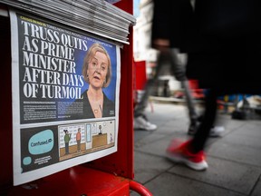 The front page of the London-based newspaper "The Evening Standard" announces the resignation of prime minister Liz Truss on Oct. 20, 2022. Truss had been the prime minister for just 44 days.