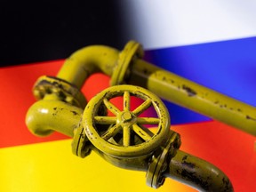 FILE PHOTO: Illustration shows Natural Gas Pipes and German and Russian flags