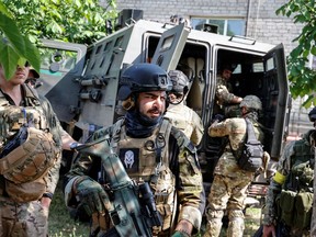 Members of foreign volunteers unit which fights in the Ukrainian army, in Sievierodonetsk, Ukraine, on June 2, 2022.
