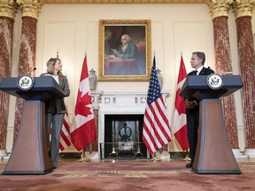 U.S. Secretary of State Antony Blinken, right, and Foreign Affairs Minister Mélanie Joly attend a news conference, Friday, Sept. 30, 2022, at the State Department in Washington. Blinken is making his first official visit to Canada this week.THE CANADIAN PRESS/AP-Jacquelyn Martin