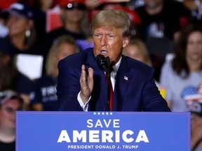 Former U.S. President Donald Trump speaks during a Save America rally in Warren, Michigan, Oct. 1.