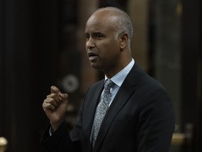 Housing and Diversity and Inclusion Minister Ahmed Hussen rises during Question Period, in Ottawa, Wednesday, Sept. 21, 2022. The federal government has begun its search for an organization to administer an endowment fund aimed at bolstering the economic and social well-being of Black Canadians.
